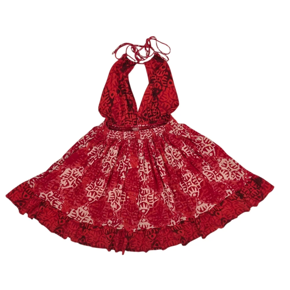 Free People Red Beach Day Boho Halter Flowy Summer Mini Dress‎